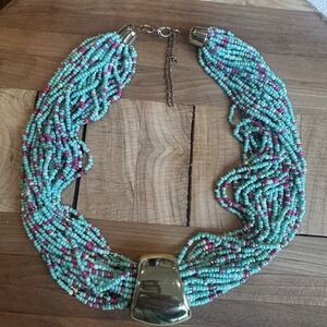 Boho Necklace 18 Inch Multi Strand Pink Blue Tone Glass Seed Bead Slide Pendant